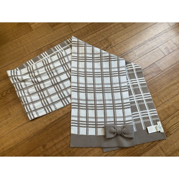 Kate Spade Beige Tan Cream Plaid Tight Knit Scarf with Bow Winter Luxury Preppy